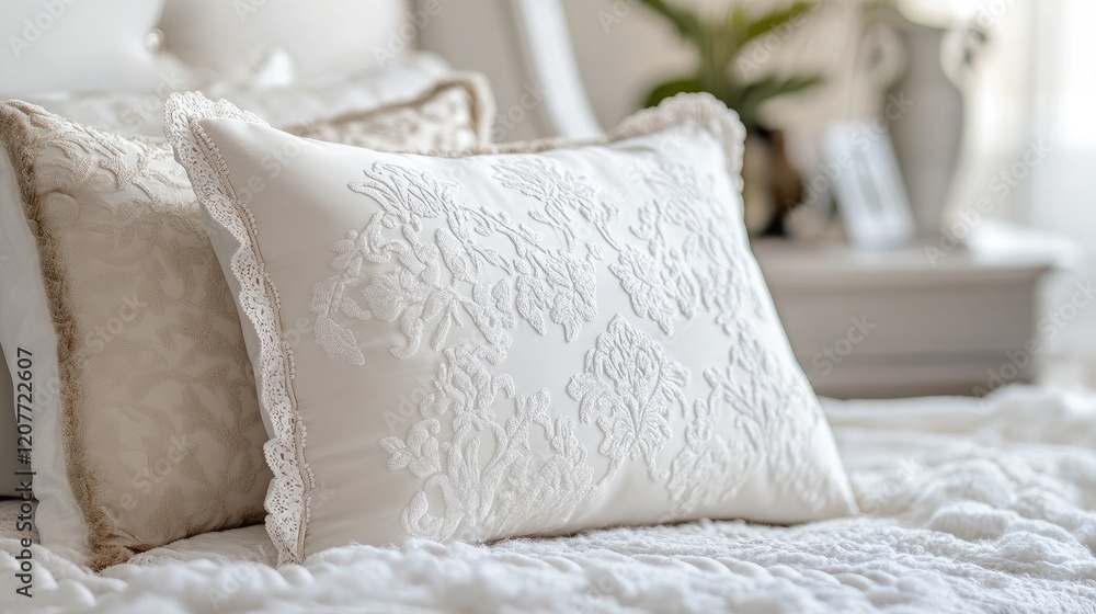 Elegant textured white pillow resting on plush bedding in softly lit cozy bedroom interior Elegant textured white pillow resting on plush bedding in softly lit cozy bedroom interior