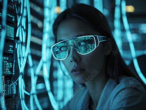 Woman wearing augmented reality glasses surrounded by glowing servers and digital data streams photo