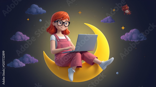 Red-haired happy female writer in glasses, pink overalls uses laptop for work sits on yellow moon late at night in space with floating blue purple clouds stars, cat, an owl. Generative AI photo