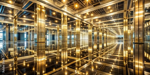 Wallpaper Mural A mirrored floor or ceiling, creating a sense of height and grandeur in a room, with subtle reflections of light and objects nearby, vertical lines, architectural design Torontodigital.ca