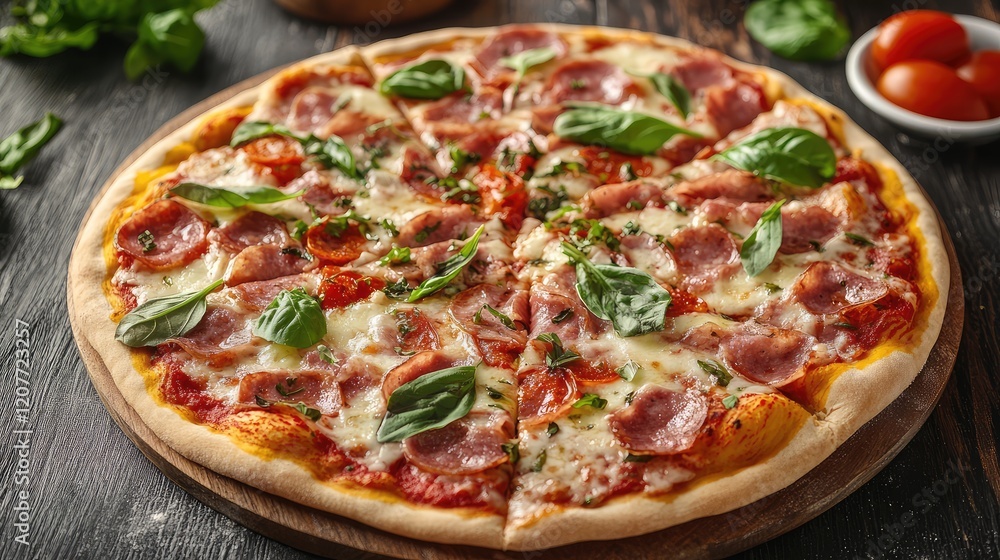 Delicious homemade pizza topped with fresh basil, pepperoni, and mozzarella cheese on a rustic wooden table, vibrant colors, overhead view. Delicious homemade pizza topped with fresh basil, pepperoni, and mozzarella cheese on a rustic wooden table, vibrant colors, overhead view.