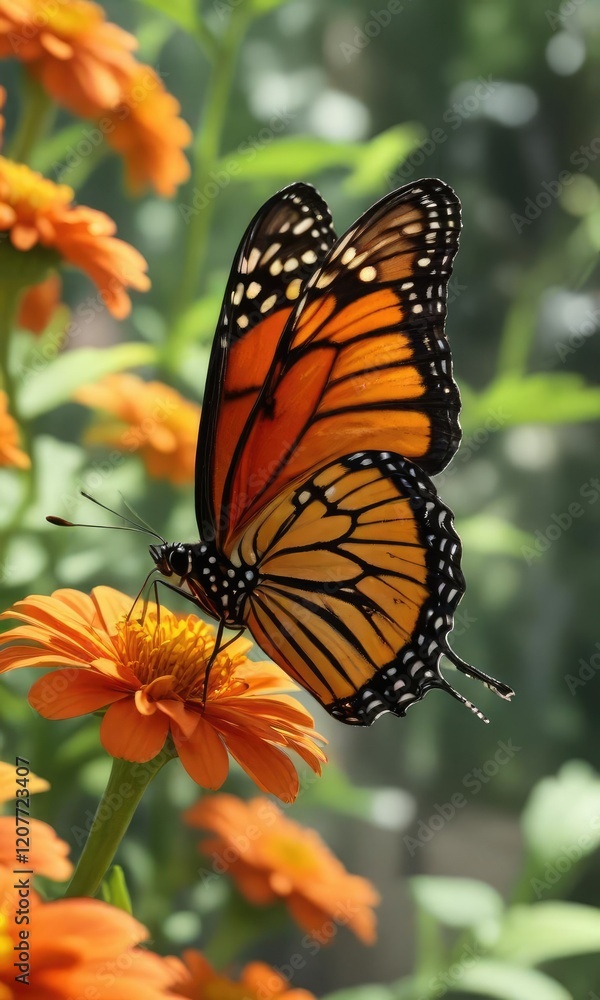 Fototapeta premium A monarch butterfly alights on the vibrant orange petals of a zinnia flower in a sunny summer garden, natural, flowers