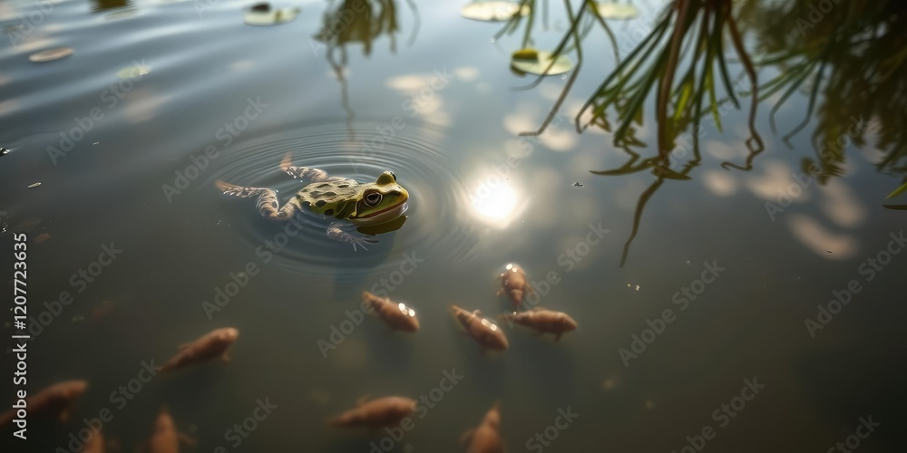 Naklejka premium A mother frog swimming with her tadpoles in the middle of a pond under a sunny sky, water, pond, swimming