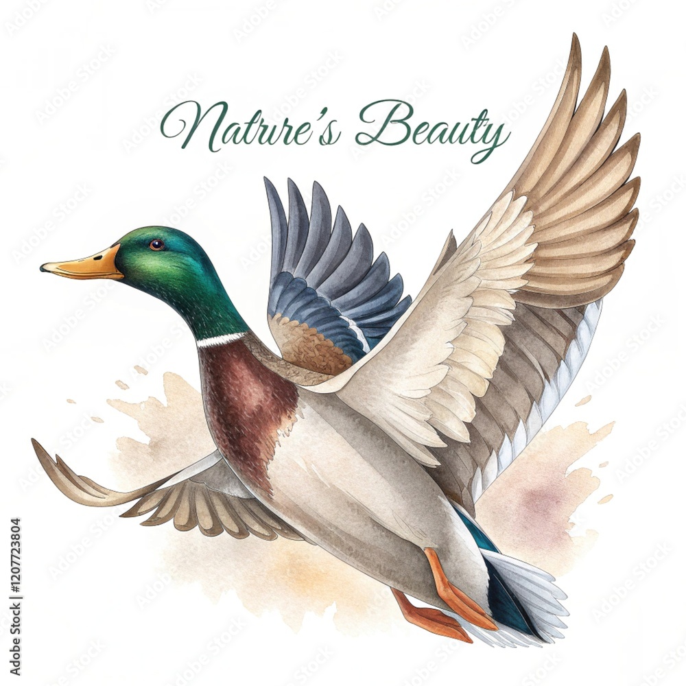 Fototapeta premium A colorful, artistic depiction of a flying mallard duck, showcasing its vibrant plumage and wings in motion, accompanied by the phrase