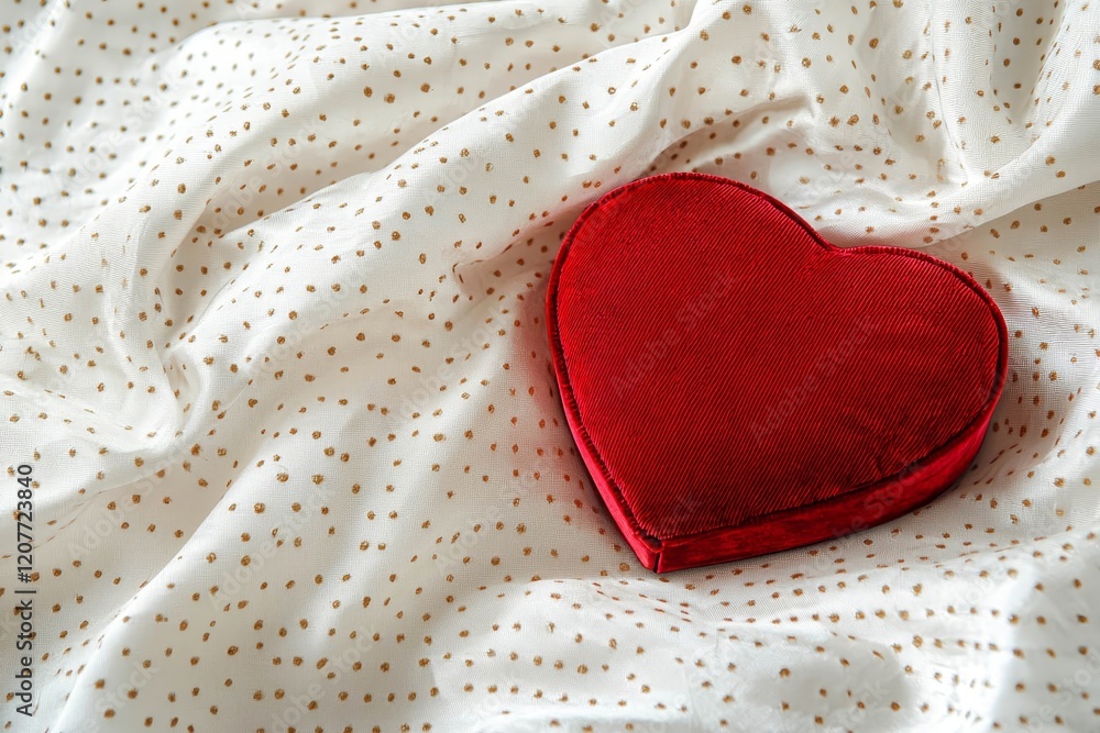 Fototapeta premium Red velvet gift box in the shape of a heart placed on a bed of silk fabric.