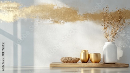 Elegant interior decor featuring minimalist wooden board with golden accents and decorative vases against a stylish wall painting background photo