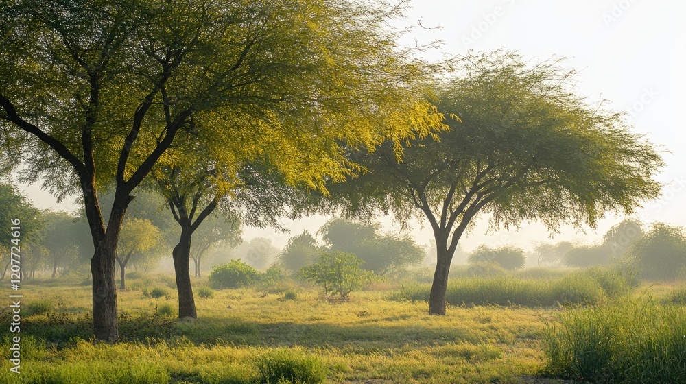 Indian red acacia trees in serene landscape with morning mist and abundant greenery for tranquil nature-themed designs Indian red acacia trees in serene landscape with morning mist and abundant greenery for tranquil nature-themed designs