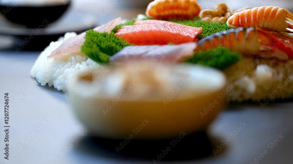Japanese food: Mix sashimi and ebi served with Japanese cooked rice on table. Clean food concept. Focus shift and movement camera. Selective focus and free space for text Japanese food: Mix sashimi and ebi served with Japanese cooked rice on table. Clean food concept. Focus shift and movement camera. Selective focus and free space for text