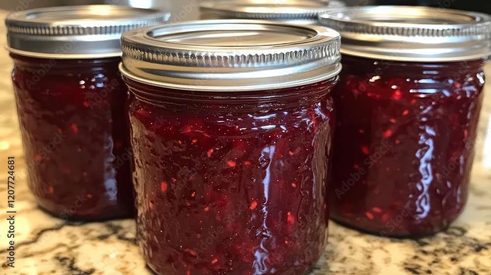 Colorful Jars of Raspberry Jam on Kitchen Counter Surrounded by Fresh Summer Berries and Natural Light Colorful Jars of Raspberry Jam on Kitchen Counter Surrounded by Fresh Summer Berries and Natural Light