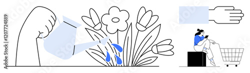 Hand watering flowers, outstretched arm with open hand, person sitting on a shopping cart using a smartphone. Ideal for daily routine, technology use, shopping, gardening, giving, growth relaxation