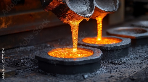 Molten alloys being poured into molds during the manufacturing process, with glowing heat. photo