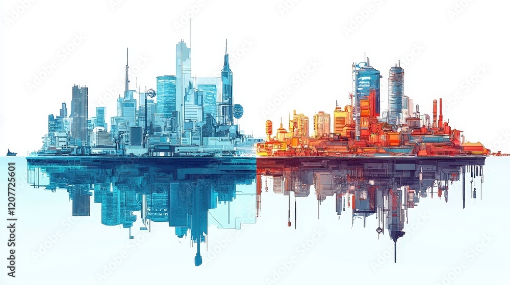 Naklejka premium Progress in flat design side view futuristic city theme water color split-complementary color scheme 