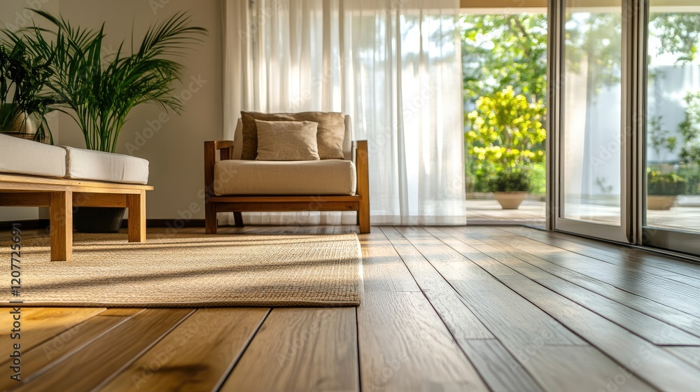 Fototapeta premium Modern living room with wooden flooring, minimalist furniture, and warm evening lighting creating a serene ambiance for relaxation and comfort