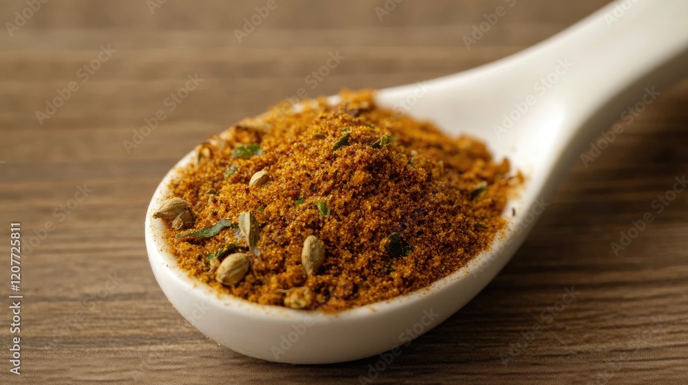 Aromatic Indian spice blend in a white ceramic spoon on a wooden background showcasing vibrant colors and rich textures. Aromatic Indian spice blend in a white ceramic spoon on a wooden background showcasing vibrant colors and rich textures.