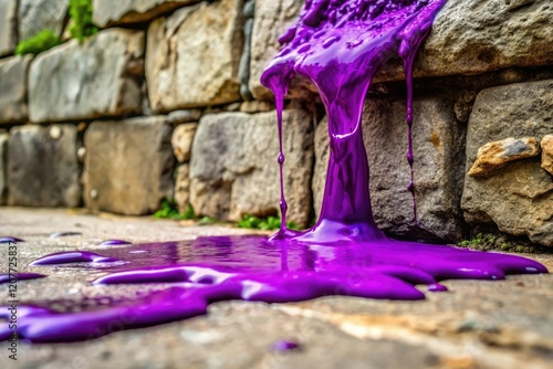 A purple gelatinous substance is dripping from a cracked stone wall, forming a pool of viscous goo on the ground., texture, surface, gelatinous, goo, stone photo