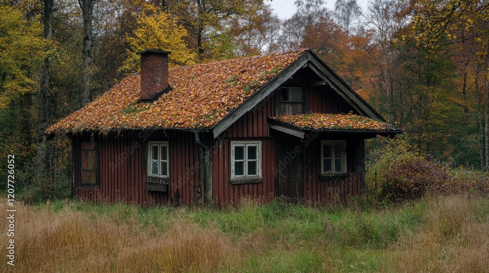 Rustic Cabin Surrounded by Nature with Autumn Leaves on Roof and Grass in Scenic Forest Landscape Rustic Cabin Surrounded by Nature with Autumn Leaves on Roof and Grass in Scenic Forest Landscape