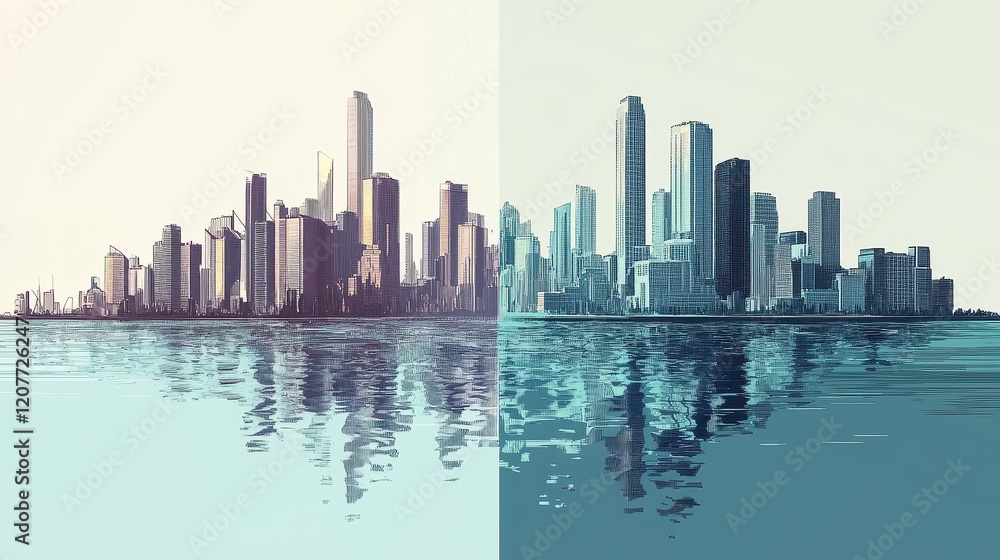 Fototapeta premium Progress in flat design side view futuristic city theme water color split-complementary color scheme 