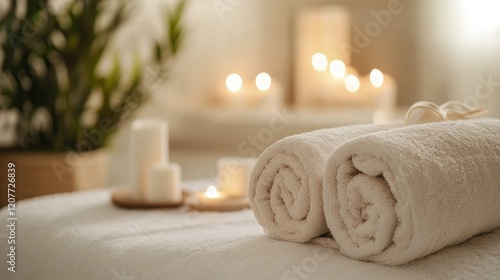 Serene Spa Environment with Rolled Towels and Soft Candlelight Ambiance