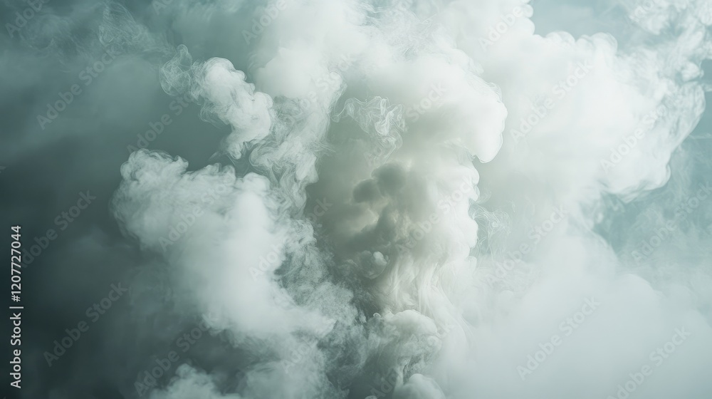Dense White Smoke Cloud Billowing Against a Subtle Teal Background Creating a Dramatic Atmosphere in the Sky Dense White Smoke Cloud Billowing Against a Subtle Teal Background Creating a Dramatic Atmosphere in the Sky