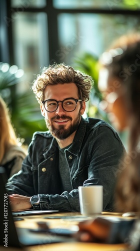 Man with glasses shares a moment with a friend in a vibrant cafe setting duri...