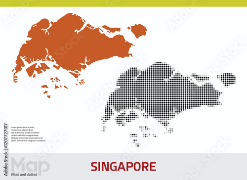 A map of Singapore in dual designs, featuring brown-filled details and black abstract dotted patterns, isolated on a white background
