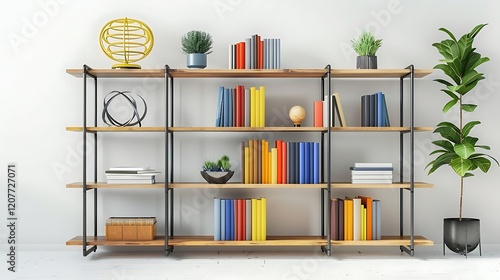 A bookshelf is a versatile and practical piece of furniture designed to store and display books, decorative items, or other belongings. Typically made from materials like wood, metal, or engineered wo photo