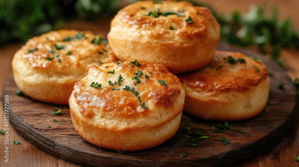 Freshly baked muffins garnished with herbs on a rustic wooden serving board, captured in natural lighting. Freshly baked muffins garnished with herbs on a rustic wooden serving board, captured in natural lighting.