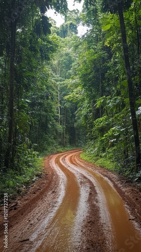 Winding dirt path through lush green forest after rainfall in tranquil woods