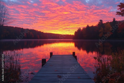 Beautiful sunset over tranquil waters with a wooden pier creating a serene at...