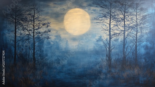 Moonlit Landscape with Large Blue Gobos and Fog Over Grassy Terrain Surrounded by Bare Trees in Tranquil Nighttime Scene photo