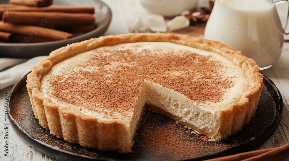 Gourmet whipped milk tart with a cinnamon dusting, sliced on a dark plate, surrounded by milk and cinnamon sticks on a rustic wooden table. Gourmet whipped milk tart with a cinnamon dusting, sliced on a dark plate, surrounded by milk and cinnamon sticks on a rustic wooden table.