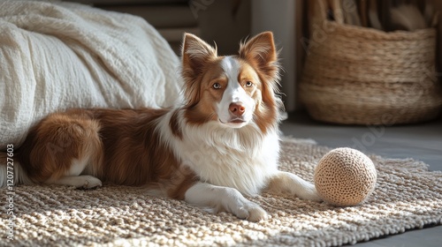 Brown and white dog relaxing indoors with a ball on a cozy rug near a basket