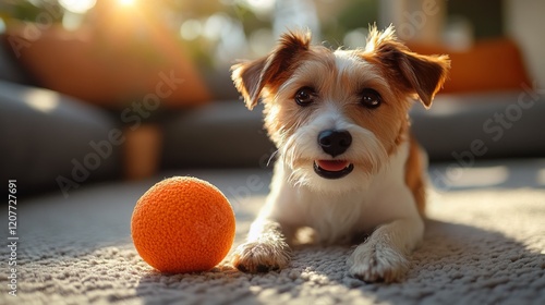 Brown and white dog relaxing indoors with a ball on a cozy rug near a basket