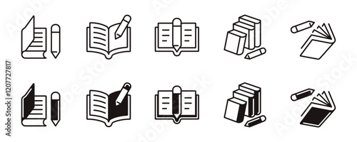 open book and pencil icon line set education study writing task learning school literature signs vector outline illustration