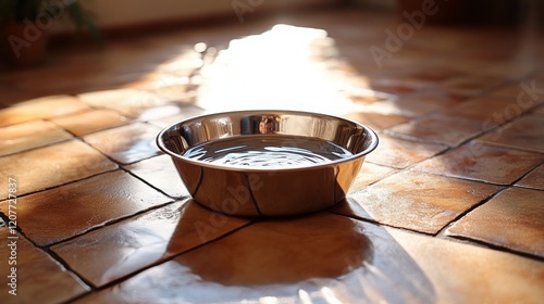 Tranquil water bowl reflecting soft sunlight in a serene indoor setting
