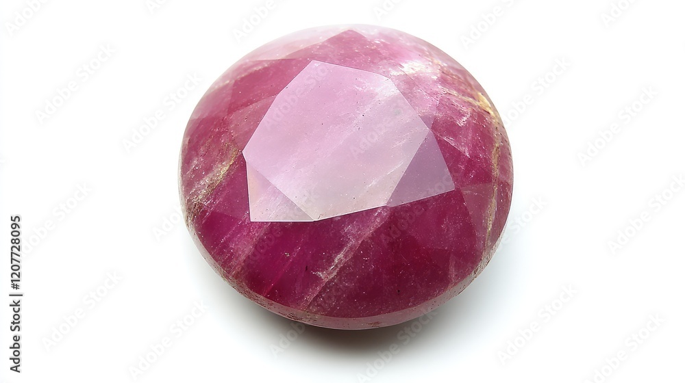 Large round polished ruby gemstone with facets and reflective surface on white background, showcasing rich red and pink hues, top view. Large round polished ruby gemstone with facets and reflective surface on white background, showcasing rich red and pink hues, top view.