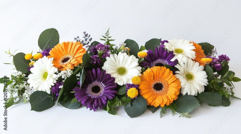 Vibrant Retro Floral Arrangement Featuring Purple Orange and White Gerbera Daisies with Lush Greenery on Soft White Background Vibrant Retro Floral Arrangement Featuring Purple Orange and White Gerbera Daisies with Lush Greenery on Soft White Background
