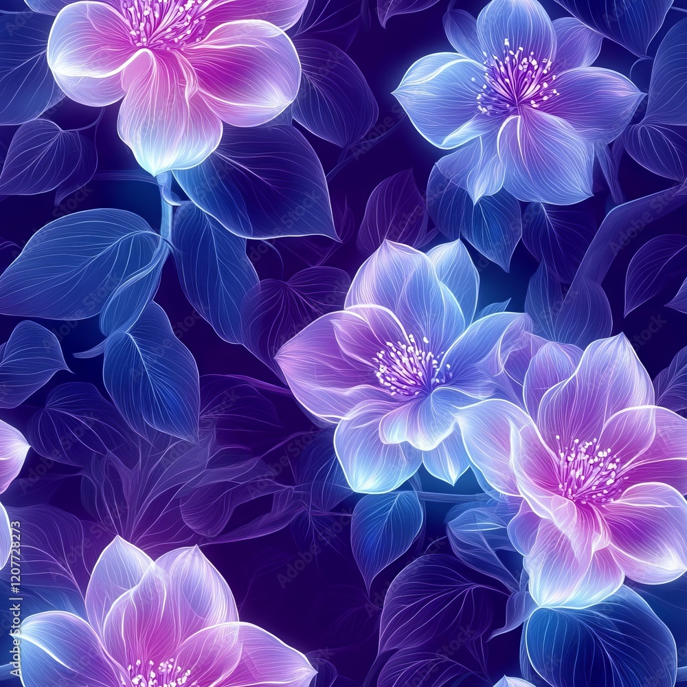 Seamless Pattern - Glowing floral pattern, vibrant blooms in purple and blue. Seamless Pattern - Glowing floral pattern, vibrant blooms in purple and blue.