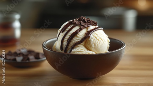 Creamy vanilla ice cream topped with chocolate sauce and shaved chocolate in ...