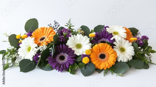 Wallpaper Mural Vibrant Retro Floral Arrangement Featuring Purple Orange and White Gerbera Daisies with Lush Greenery on Soft White Background Torontodigital.ca