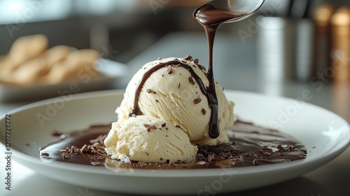 Creamy vanilla ice cream topped with chocolate sauce and shaved chocolate in ...