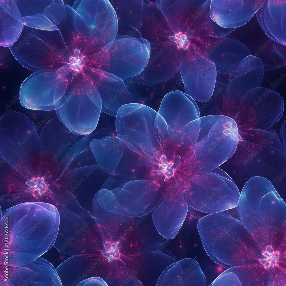 Seamless Pattern - Glowing translucent flowers, vibrant hues. Seamless Pattern - Glowing translucent flowers, vibrant hues.