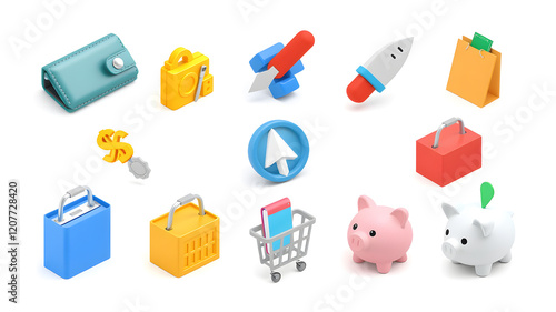 Set of 3d realistic shopping vector icons isolated on white background. Wallet, discount, pointer, cart, basket, pos, piggy, money. Generative AI photo