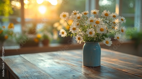 Bright sunlit restaurant interior with a vase of daisies on a wooden table