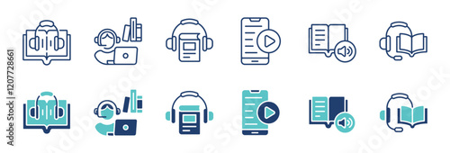 education audio book icon line set online book learning listening podcast media study signs vector illustration for web and app