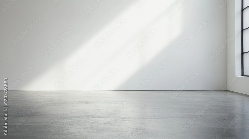 Fototapeta premium Modern minimalist interior space with blank white wall and sunlight shadows on polished gray concrete floor, spacious and uncluttered design.