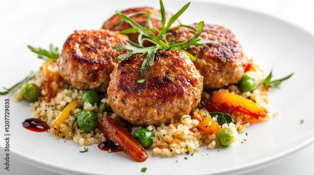Turkey meat cutlets served on couscous with colorful vegetables and herbs showcasing a gourmet restaurant main course close up presentation Turkey meat cutlets served on couscous with colorful vegetables and herbs showcasing a gourmet restaurant main course close up presentation