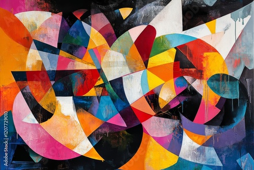 Vibrant abstract artwork featuring bold colors and geometric shapes with a dy...