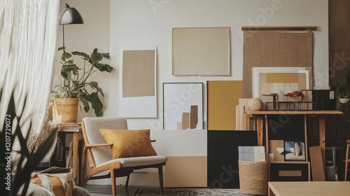 Wallpaper Mural Contemporary Living Room Interior Design Mockup Featuring Neutral Tones Green Plants and Wall Art in Bright Natural Light Torontodigital.ca