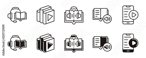 audio book icon line set education listening study online book learning media vector podcast music library signs outline illustration